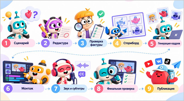 Поэтапный процесс производства одного выпуска сериала «Наноботы» 