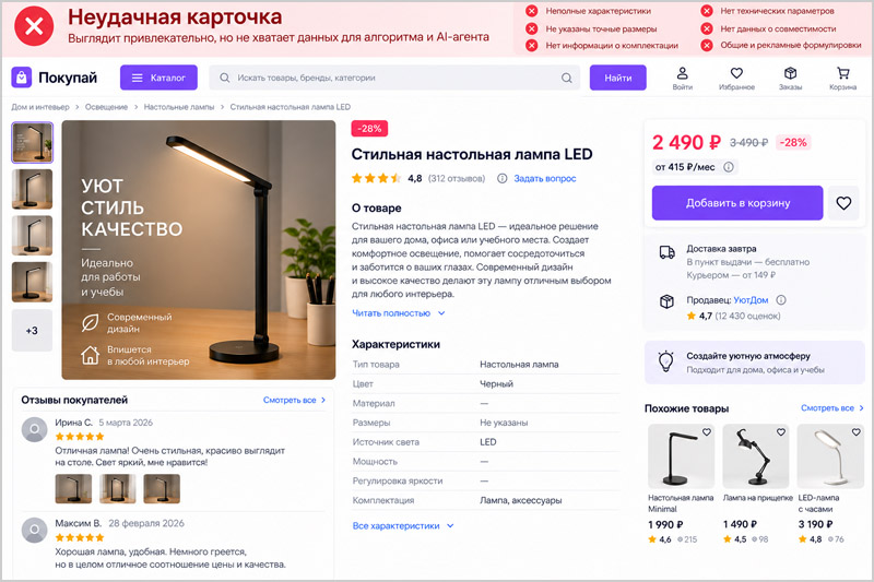 Пример неудачной карточки товара