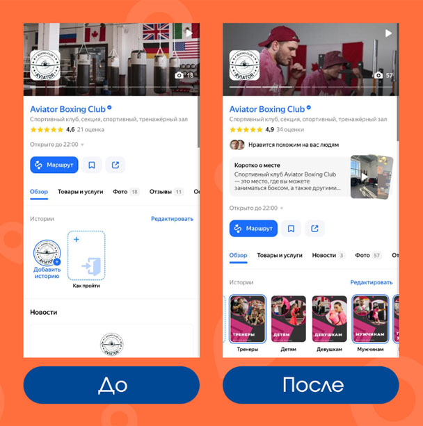 Фрагмент реальной карточки компании в геосервисе до и после переупаковки 